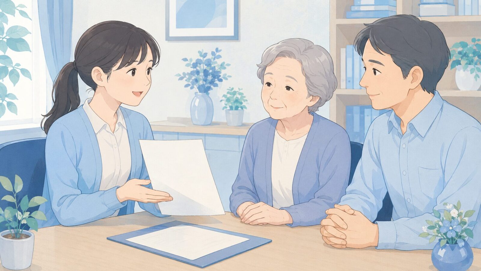 事務担当者が利用者家族に重要事項説明書を説明している様子