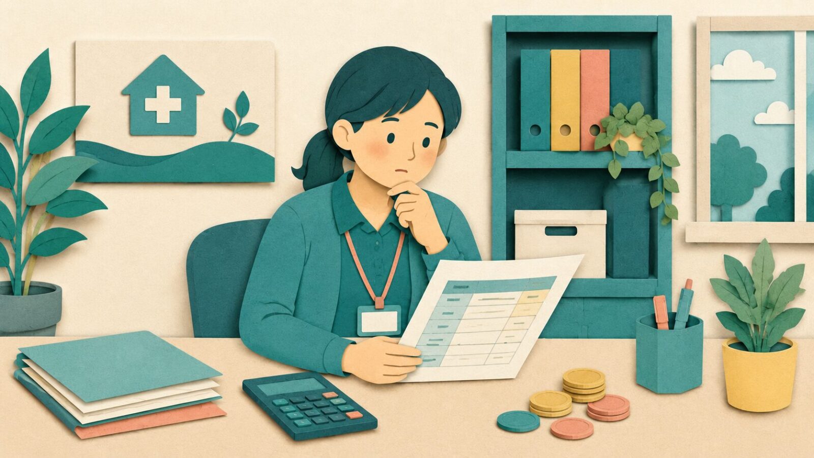 訪問看護指示書の料金を確認する事務員のイラスト