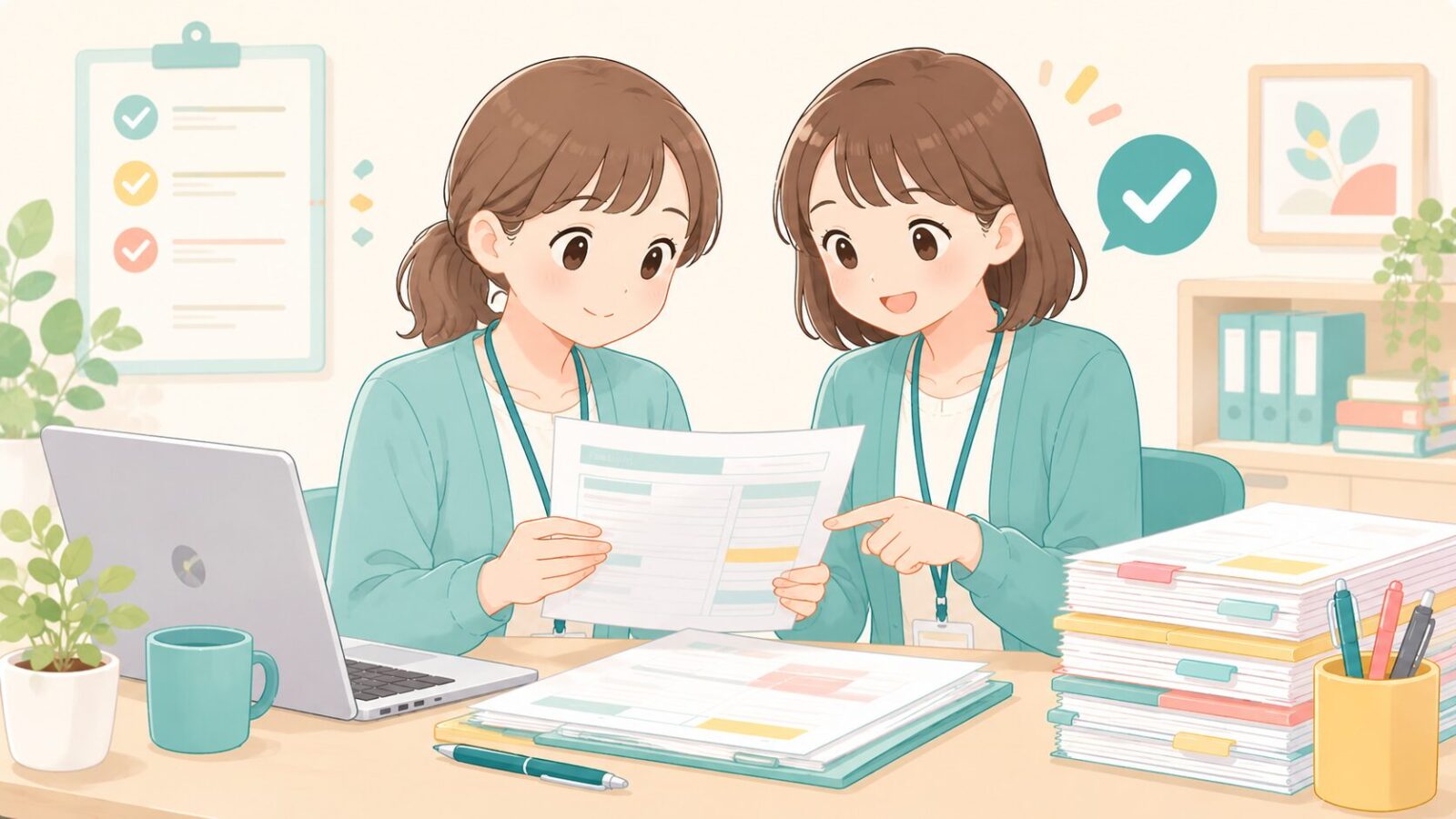 ダブルチェックで返戻を減らす事務員のイラスト