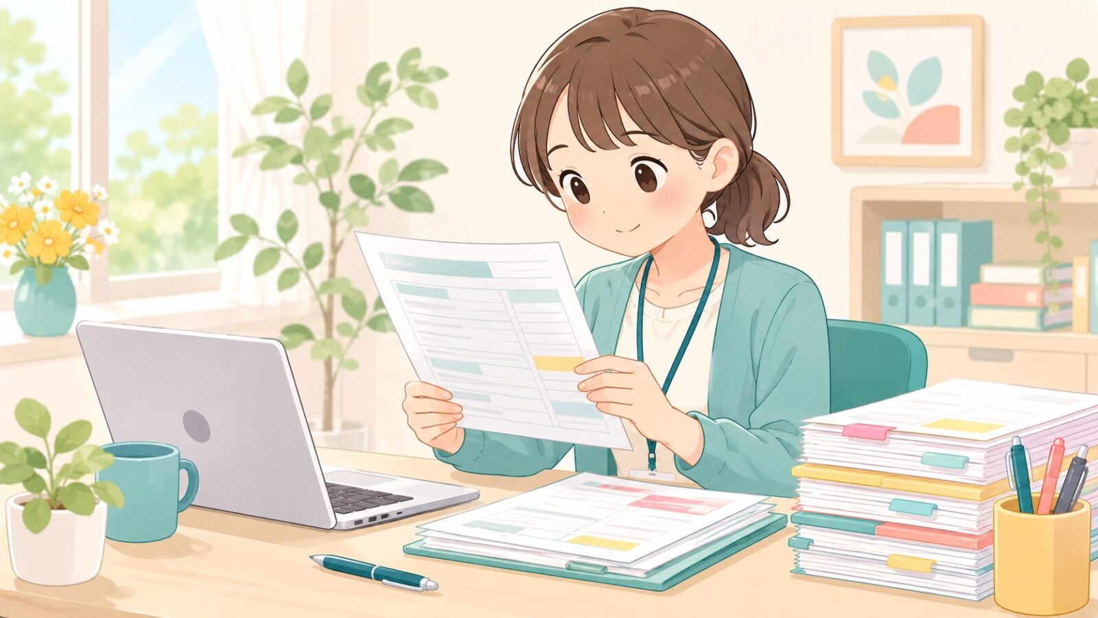 レセプトを点検する事務員のイラスト