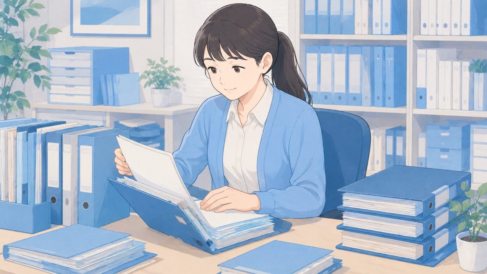 事務担当者がデスクで書類をファイリングしている場面