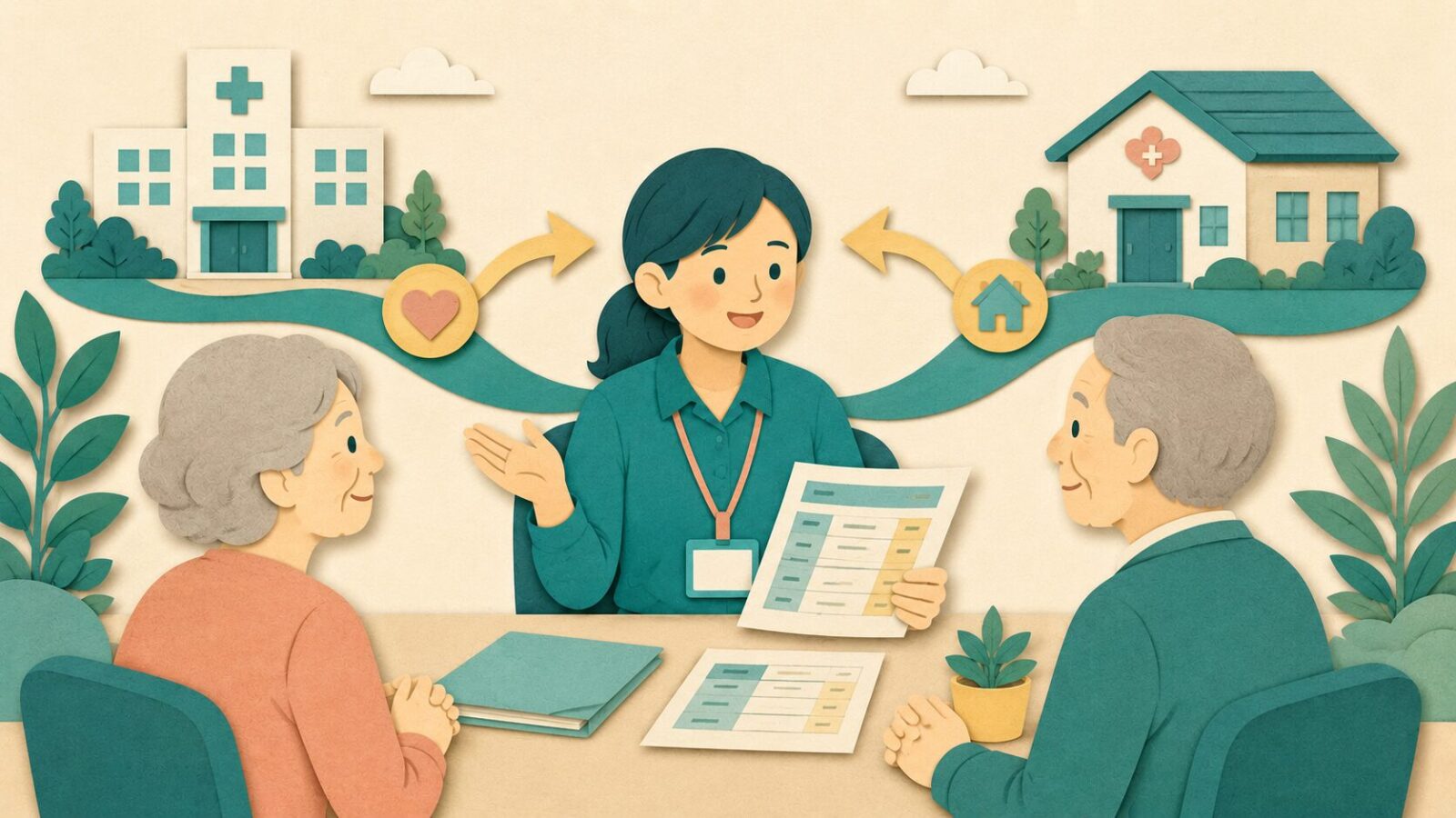 利用者に料金の支払い先を説明する事務員のイラスト