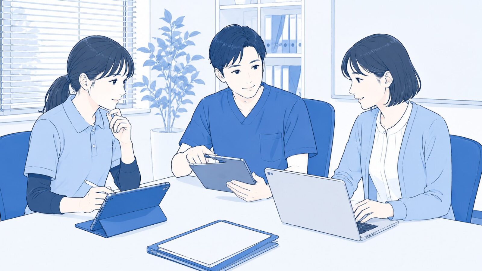 訪問看護のスタッフが会議室でシステムの料金プランを比較検討しているイラスト