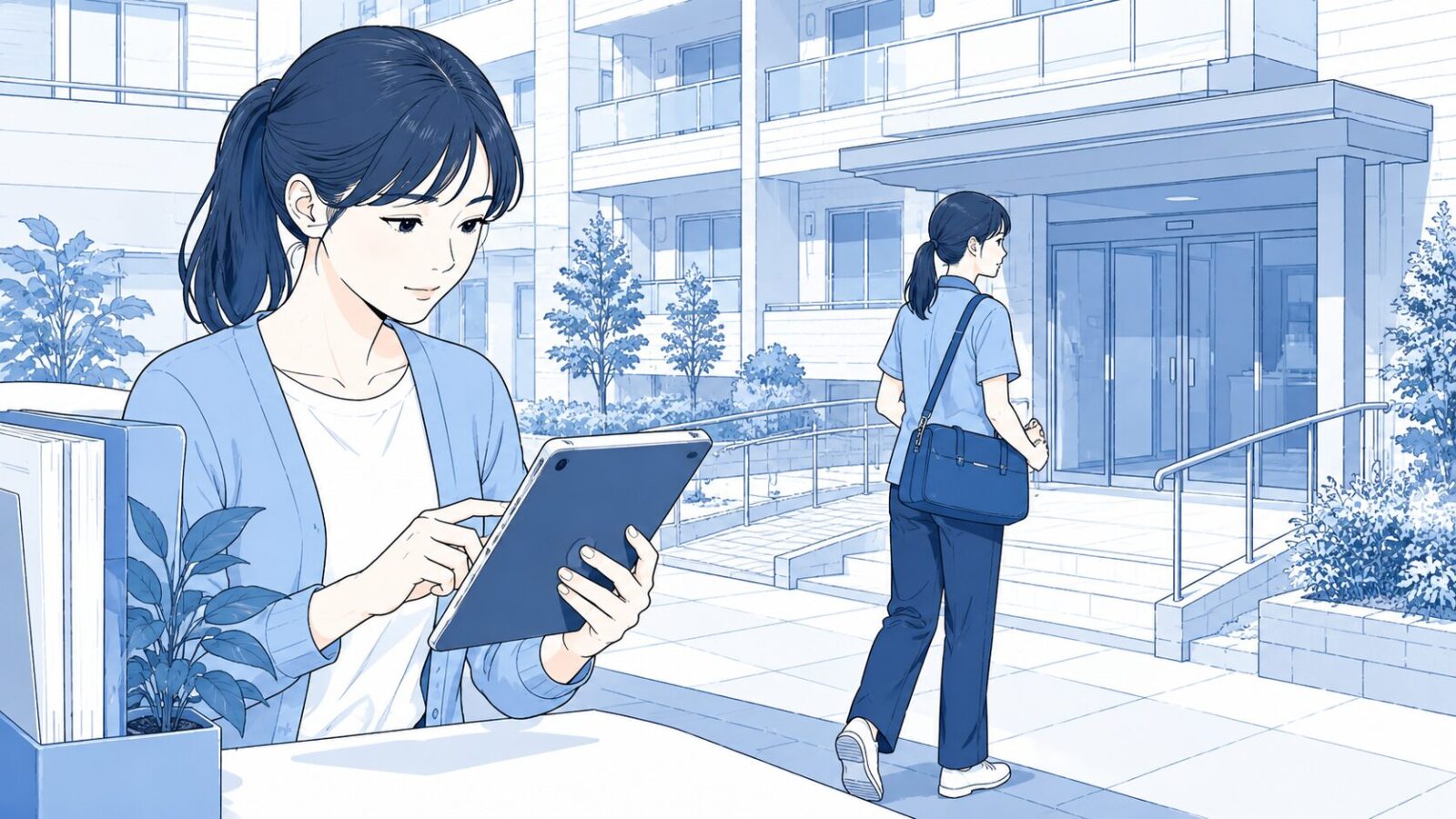 集合住宅を訪問する訪問看護師と利用者情報を整理する事務員のイメージ