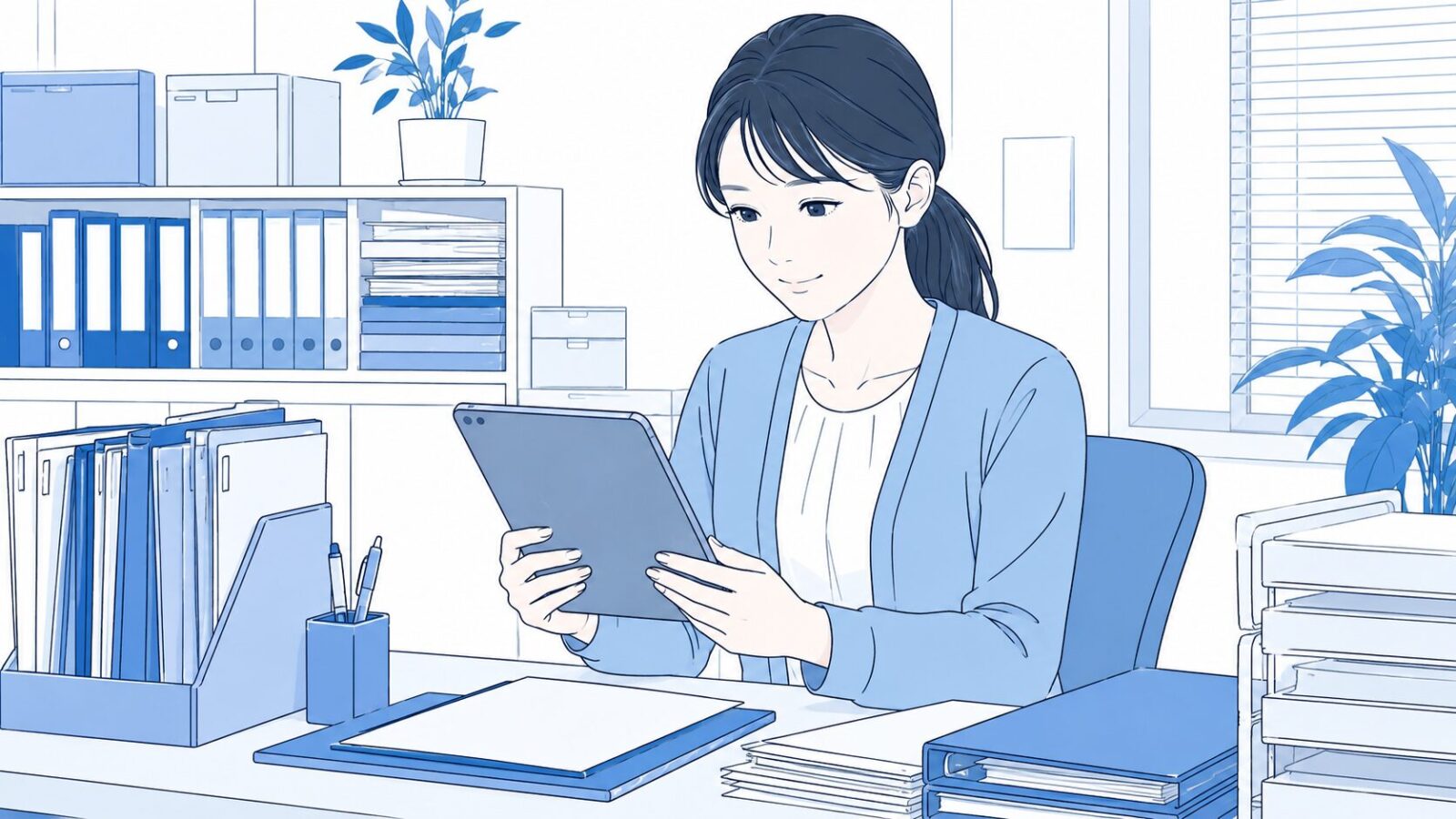 訪問看護事務担当者がタブレットで電子カルテの費用資料を確認しているイラスト