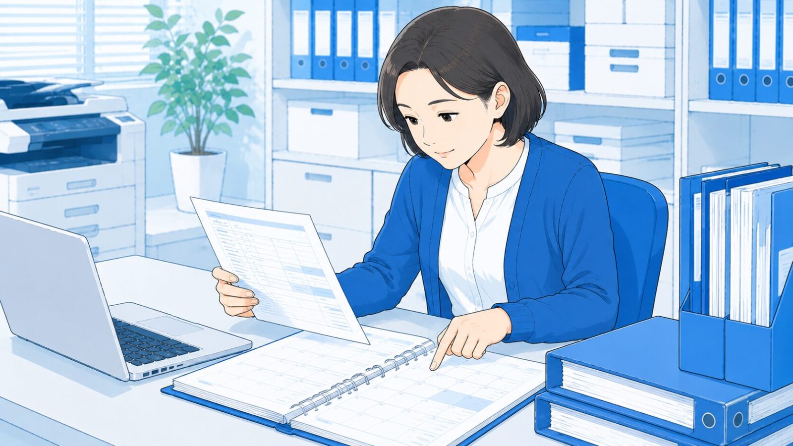 ベテランの訪問看護事務担当者が指示書の書類を確認し、請求区分をチェックしているシーン