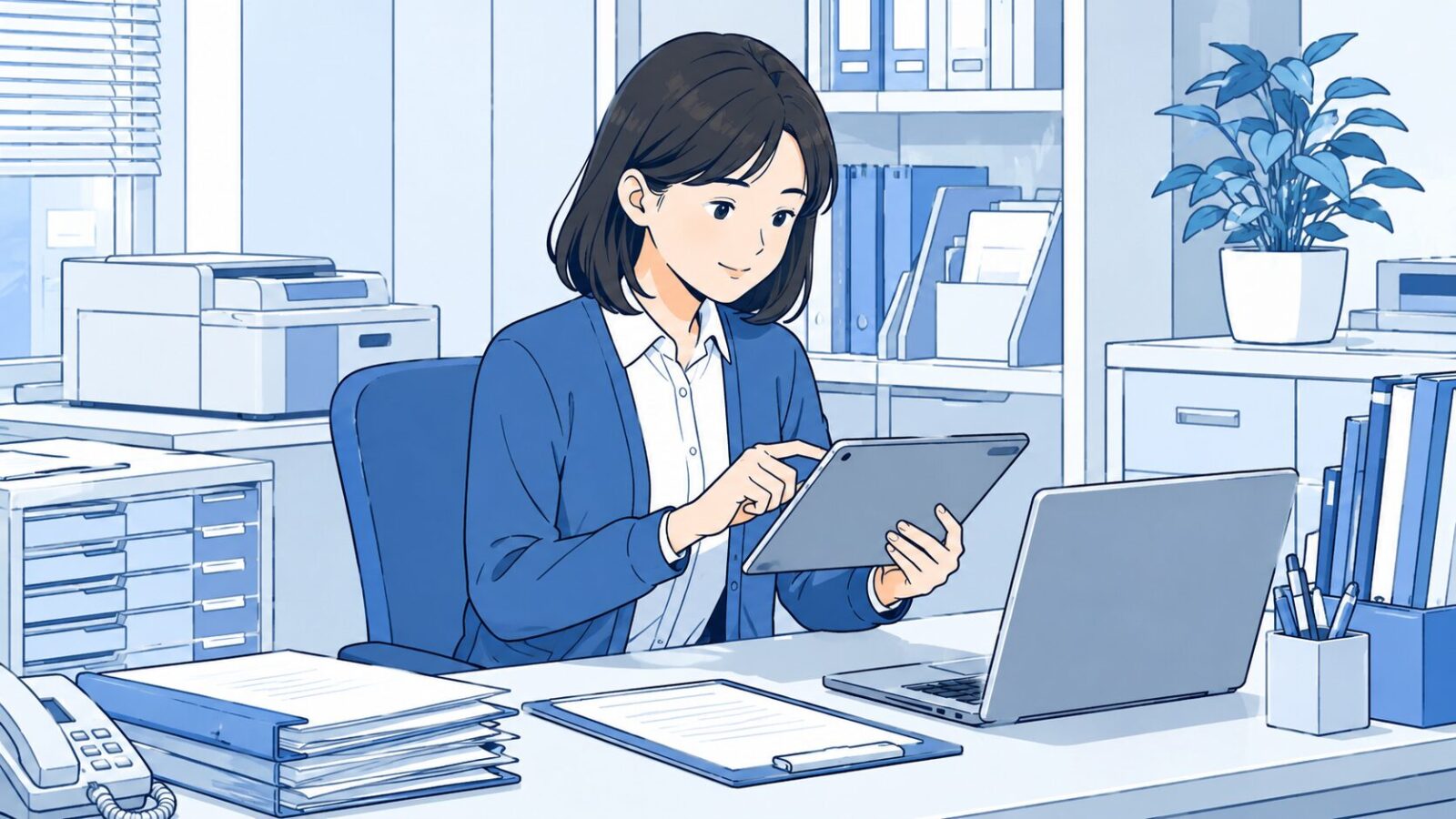 訪問看護ステーションの事務担当者がタブレットで電子カルテを操作している様子