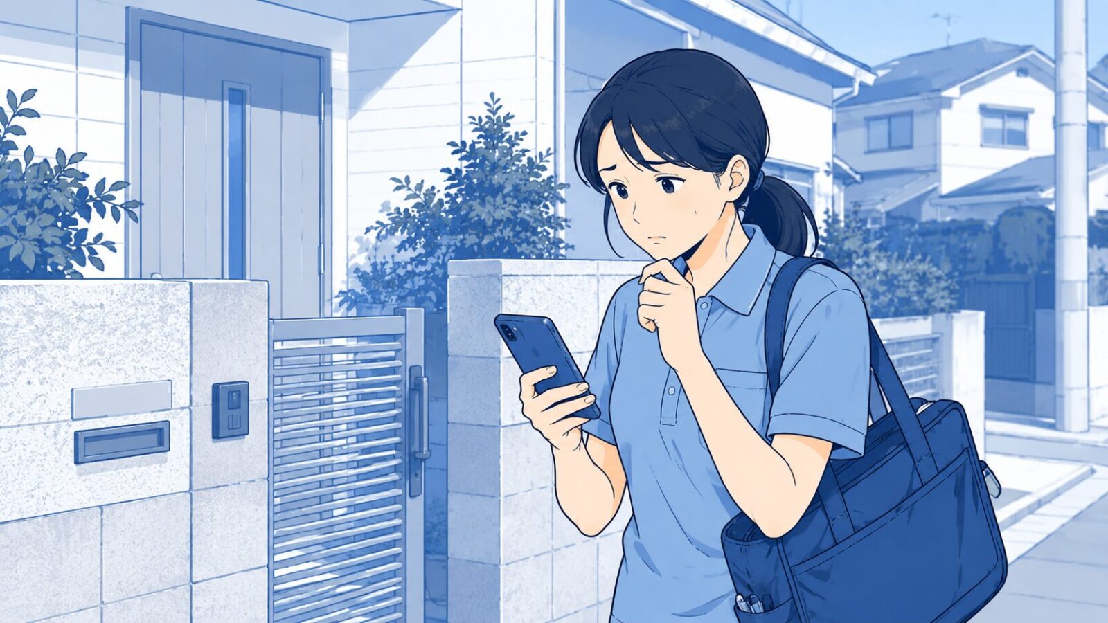 訪問看護師がスマートフォンで電子カルテを入力しようとしている場面。通信状況を確認している。