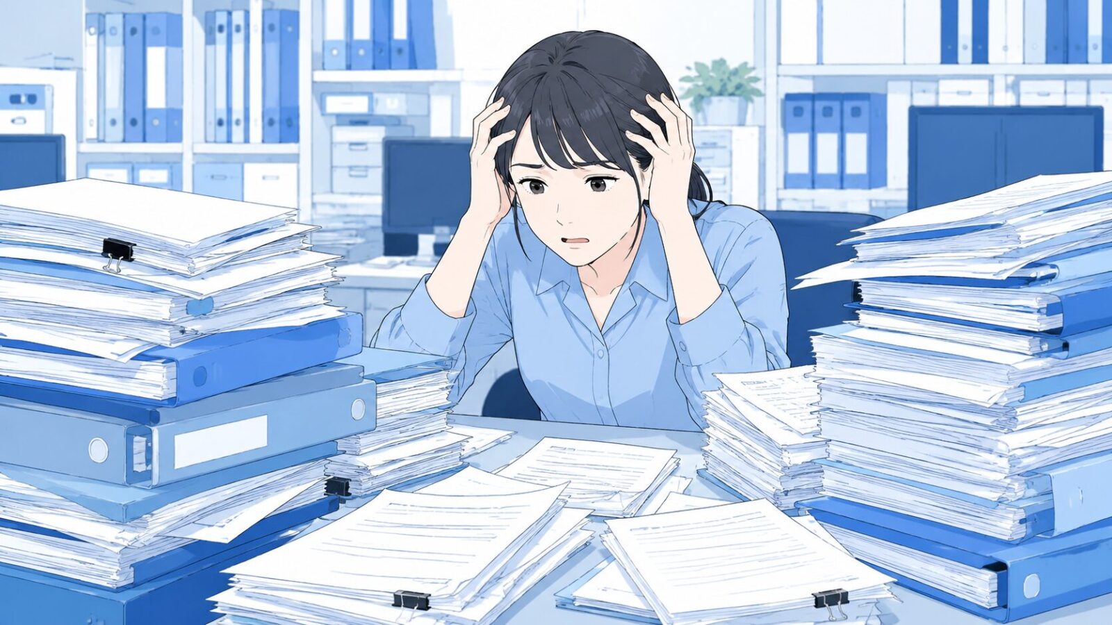 複数の書類・請求業務の複雑さを表すオフィスのイラスト