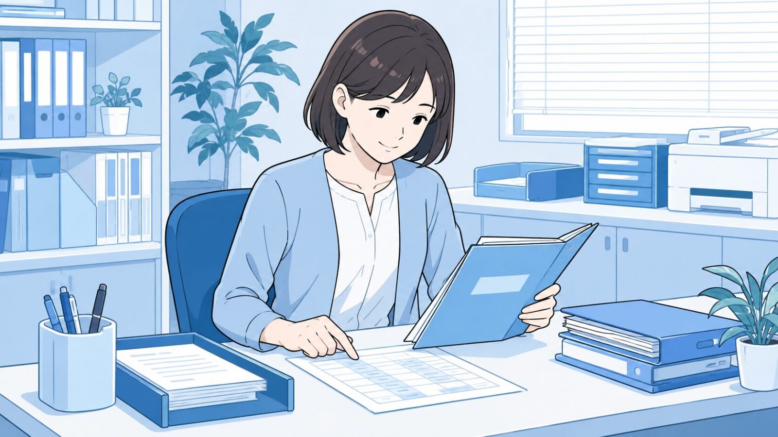 デスクで書類を確認する訪問看護事務スタッフのイラスト