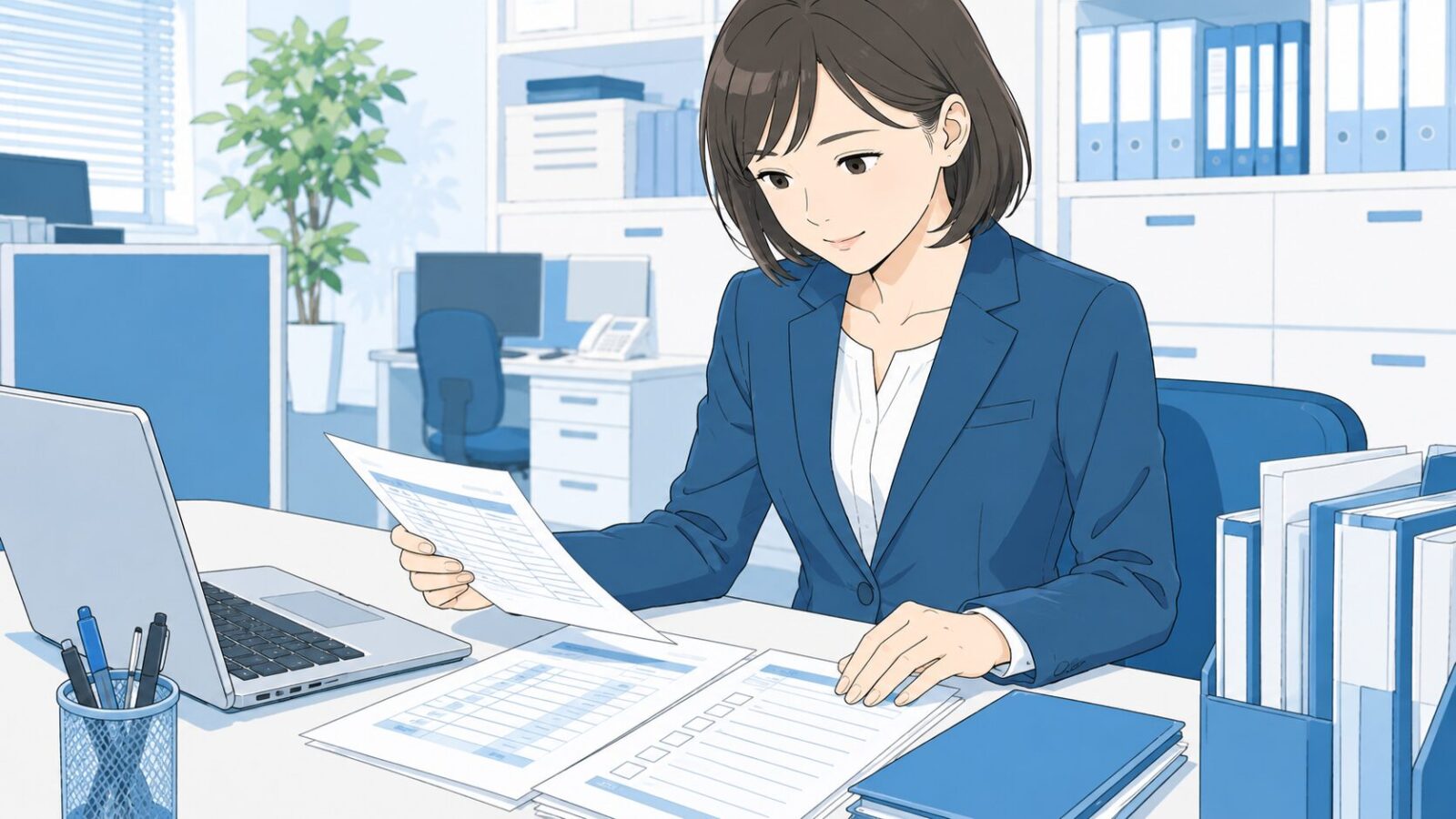 訪問看護の事務担当者が研修計画書を確認している様子