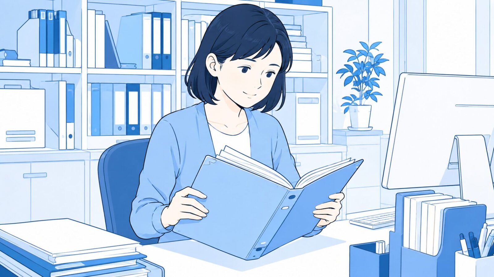 訪問看護ステーションで書類を確認する事務員