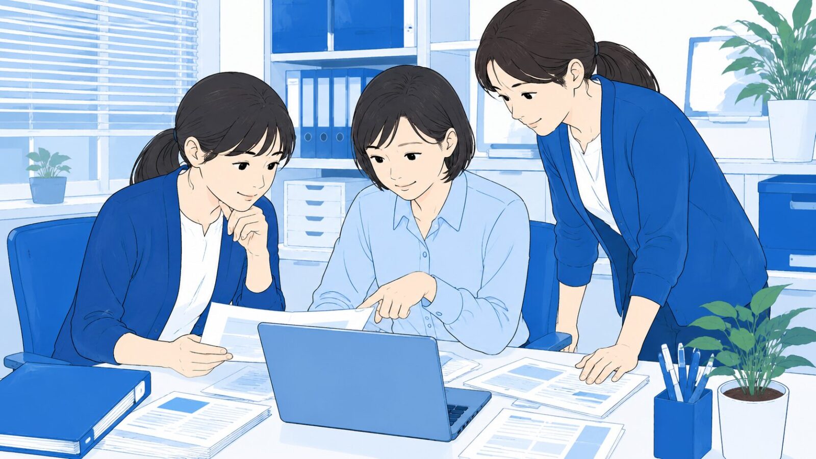 訪問看護ステーションの複数スタッフが業務マニュアルを共有している様子