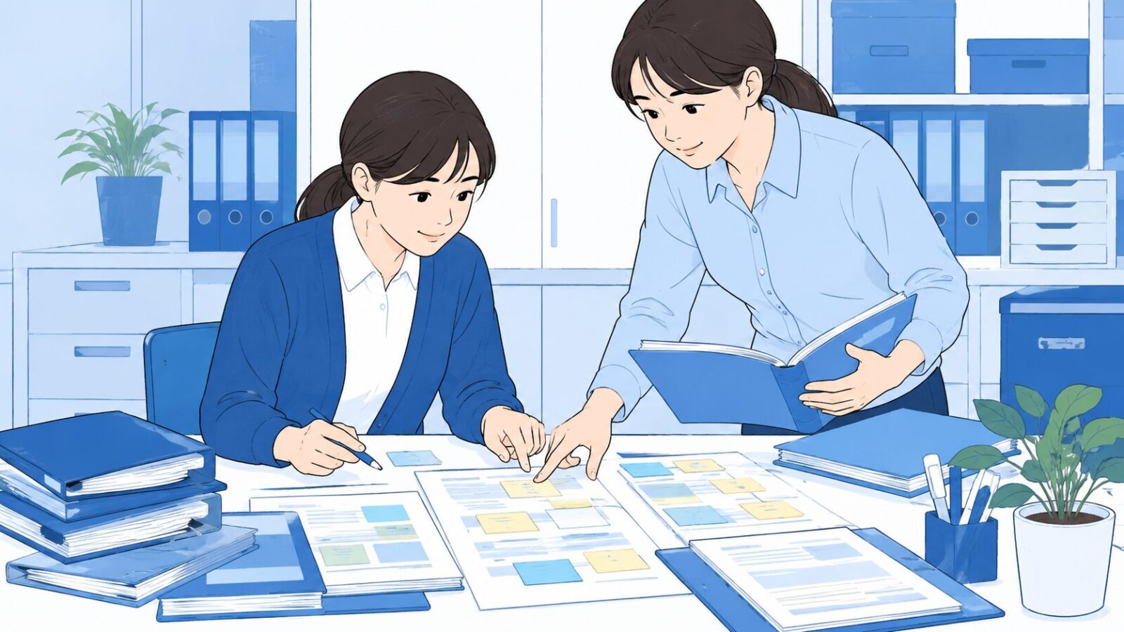 訪問看護ステーションの事務スタッフが業務書類を整理している様子