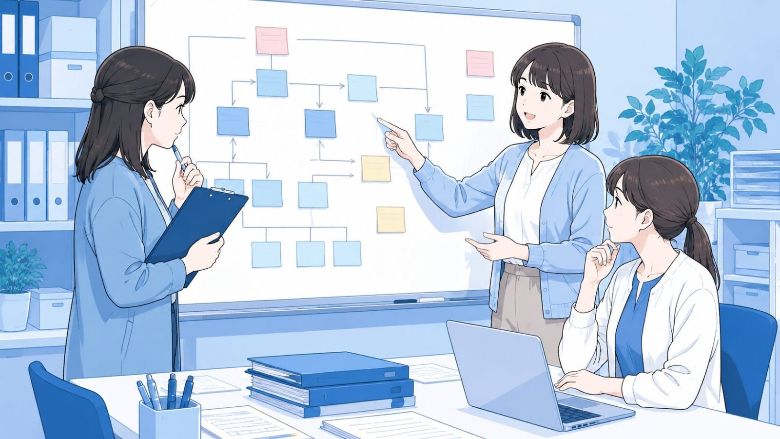 チームでホワイトボードを囲み業務を整理する事務スタッフのイラスト