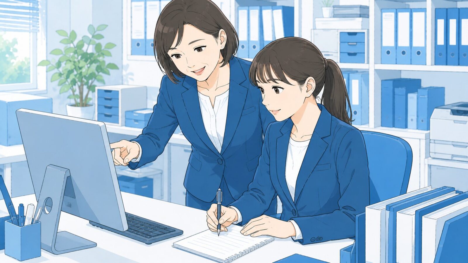 訪問看護事務スタッフが先輩からOJT指導を受けている場面