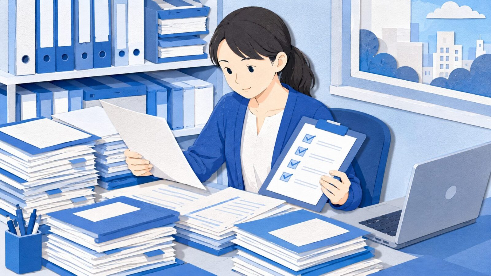 地方厚生局への施設基準届出書類を整理している事務担当者のイラスト