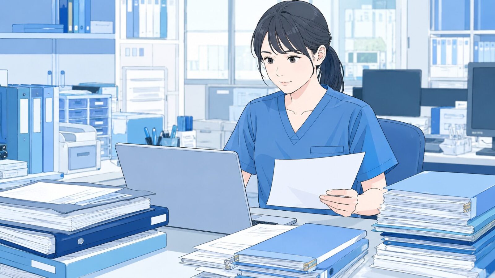 看護師が訪問ケアと事務作業を兼務している様子のイラスト