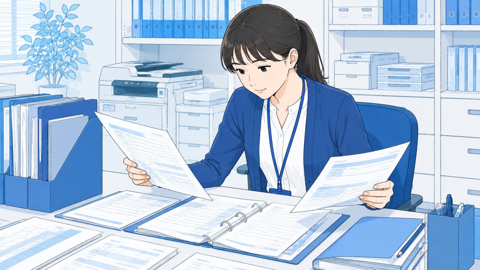 訪問看護の事務担当者がデスクで書類を比較・確認している様子