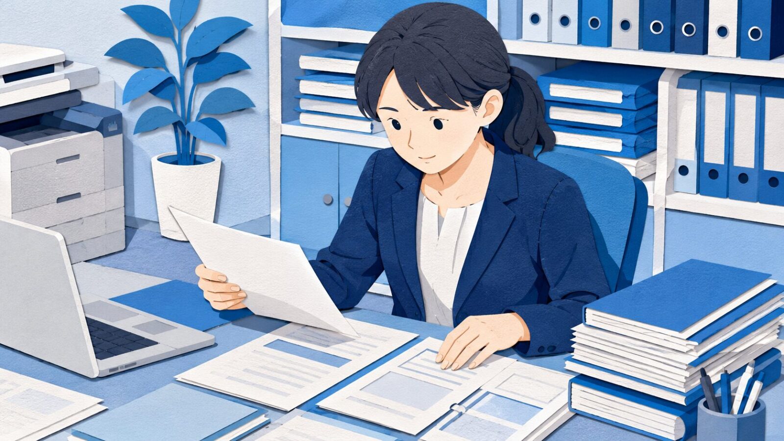 介護保険の届出が必要な加算書類を確認する事務担当者のイラスト