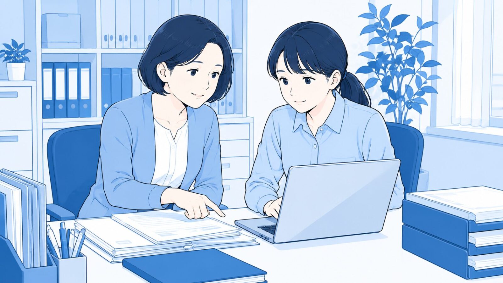レセプト請求の書類を整理する訪問看護ステーションの事務員
