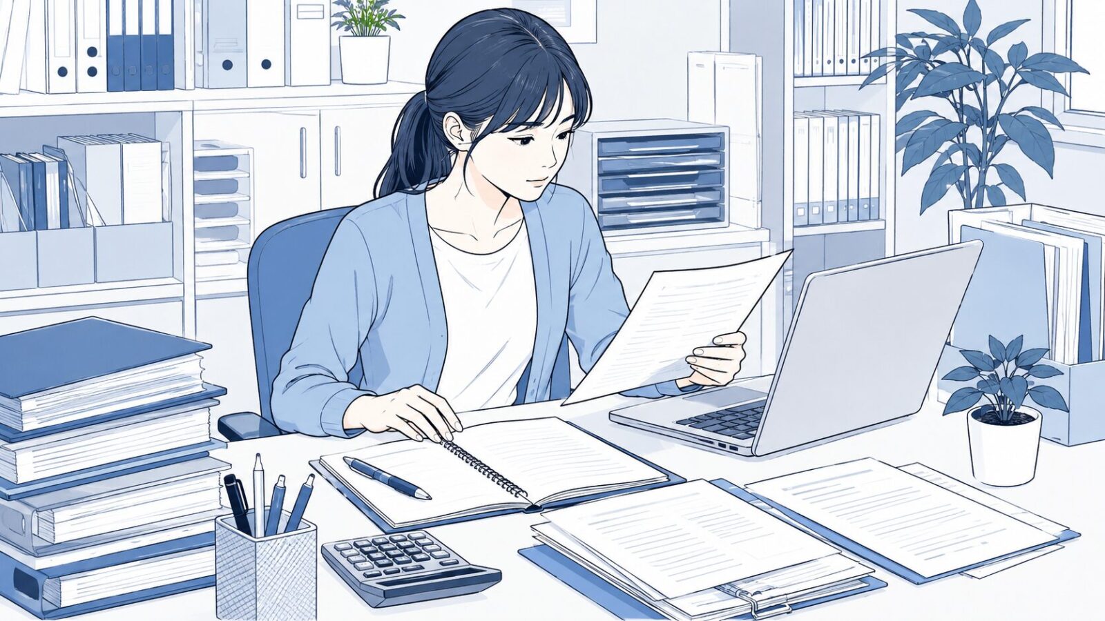 訪問看護ステーションの事務員が診療報酬改定の資料を確認している様子