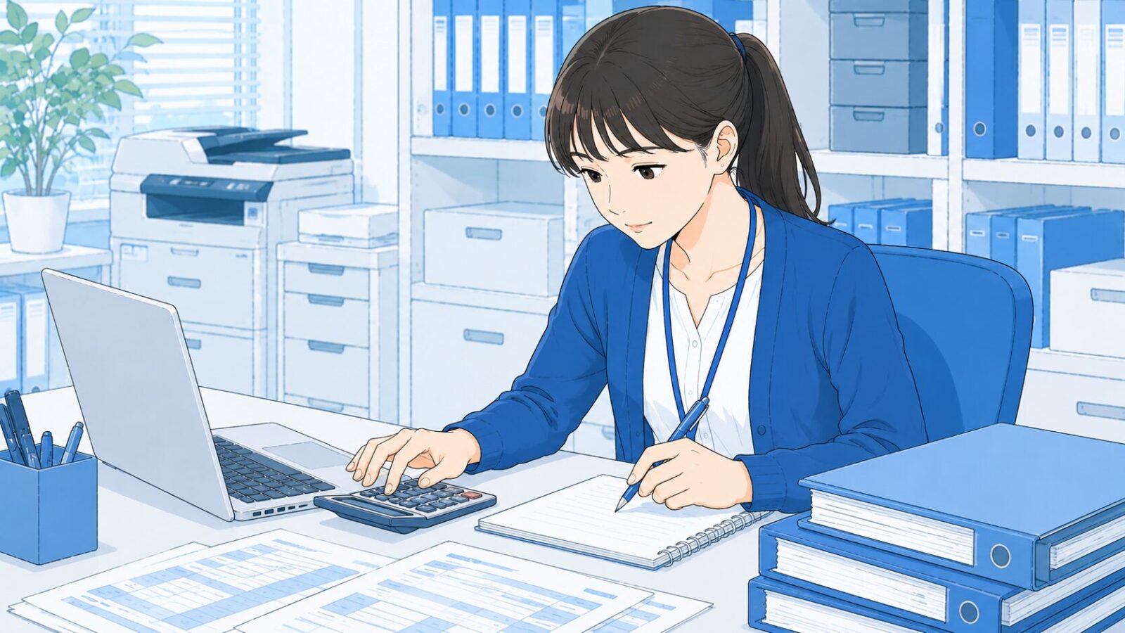訪問看護ステーションの事務担当者が費用計算をしている場面